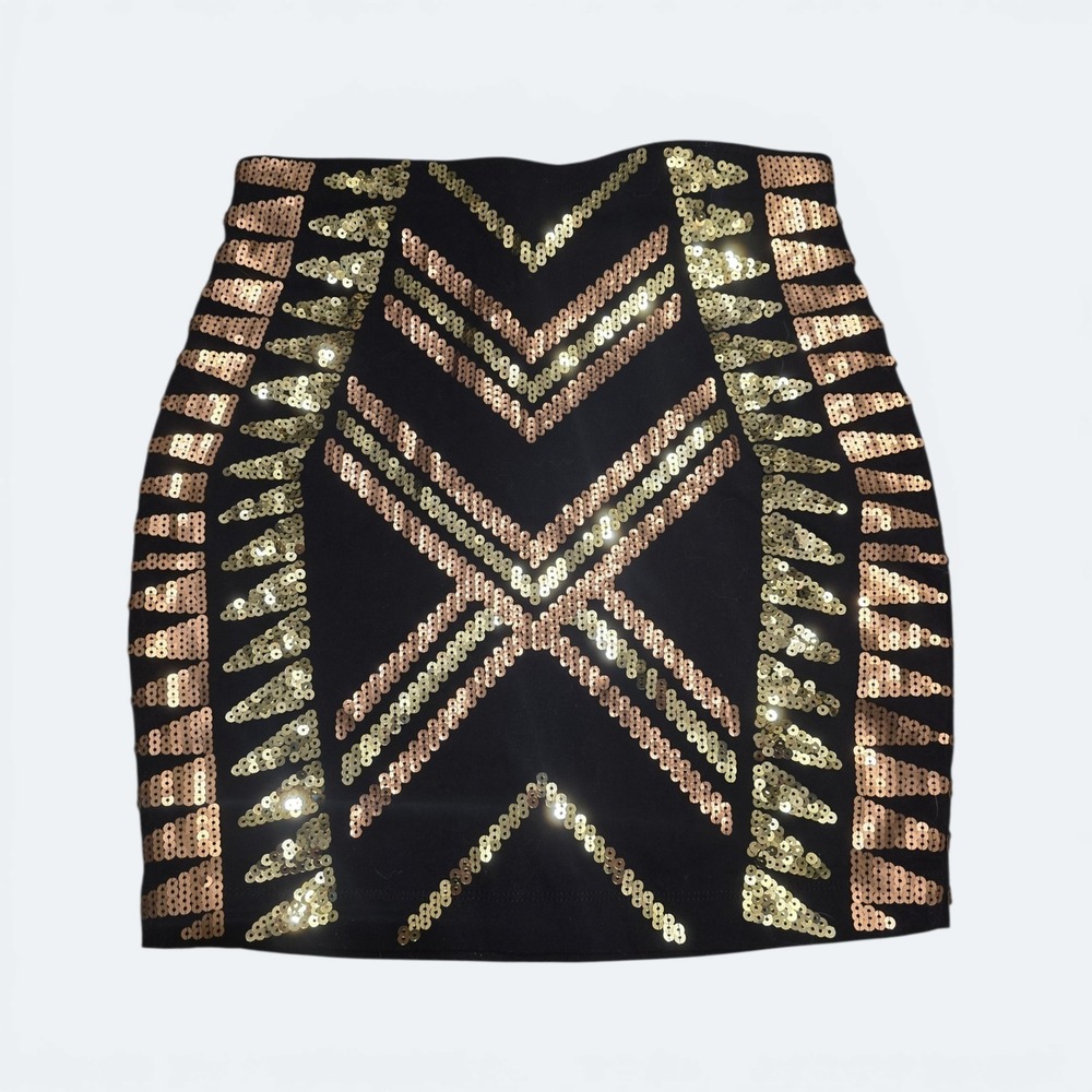 Express Black Gold Bronze Sequin Geometric Bodycon Mini Skirt Womens XXS